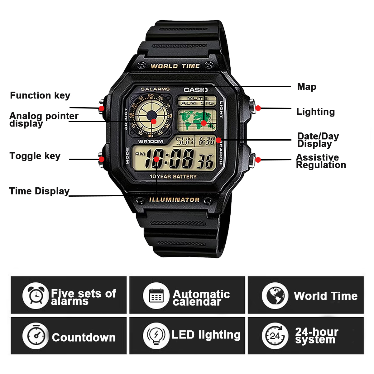 سلسلة كاسيو AE1200WH |   ساعة  - مراجعة Digital Timer Countdown وسعره